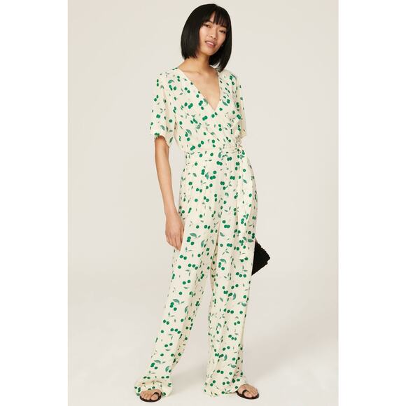 Tara Jarmon Pants - Tara Jarmon FR 36 US 4 Cream Green Cali Cherry Print Wide Leg Jumpsuit 1 PC
